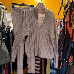 SHEIN V-Neck Cable Knit Sweater Set - Cream